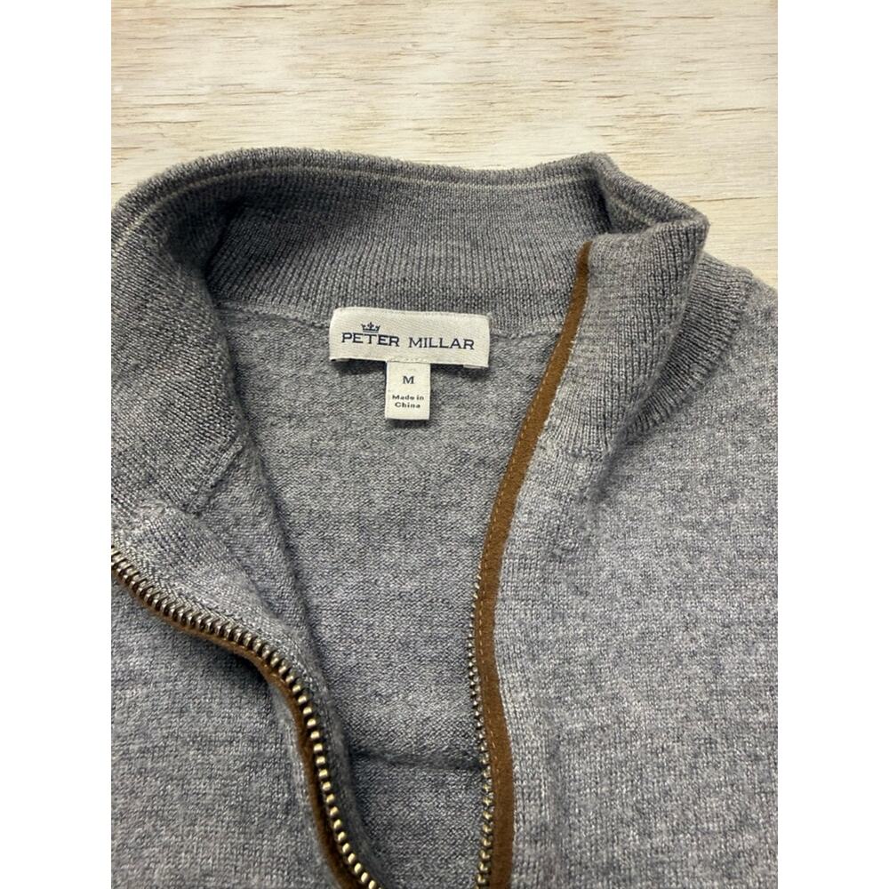 Peter Millar Gray Half-Zip Sweater with Brown Zip Placket Men's Medium - Picture 3 of 11
